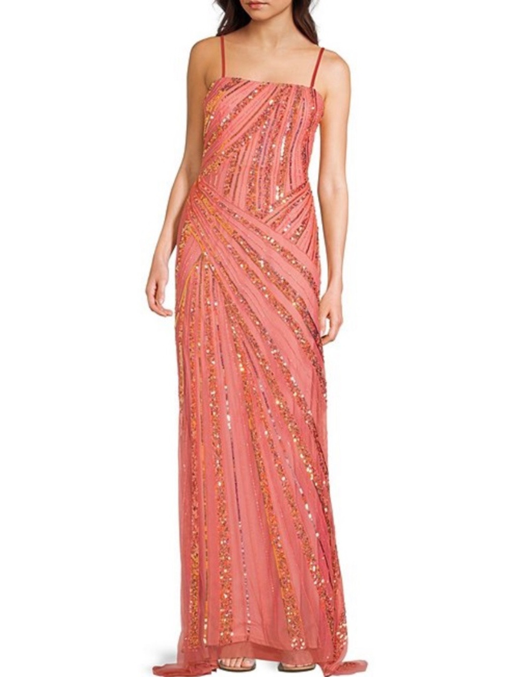 Beaded Strapless Train Gown Coral/Pink Prom Sequin - Picture 5 of 9